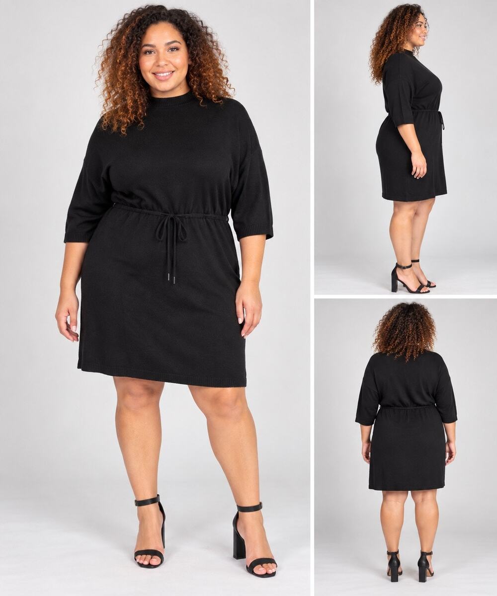 Anne Klein Womens Sweater Dress High Neck Pullover Blouson Tie Waist Black 2X